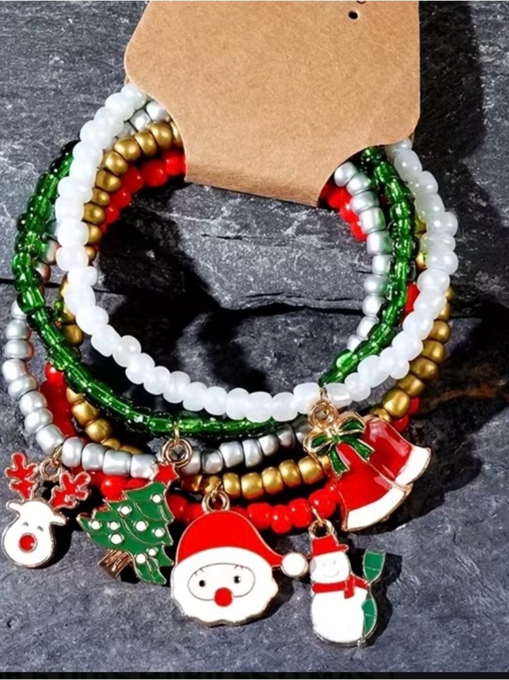 Christmas Stackable Beaded Charm Bracelet 6.89in Multicolor Dangle Charms